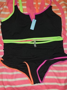 Younique Black One-Piece Swimsuit with Neon Pink and Neon Green Accents